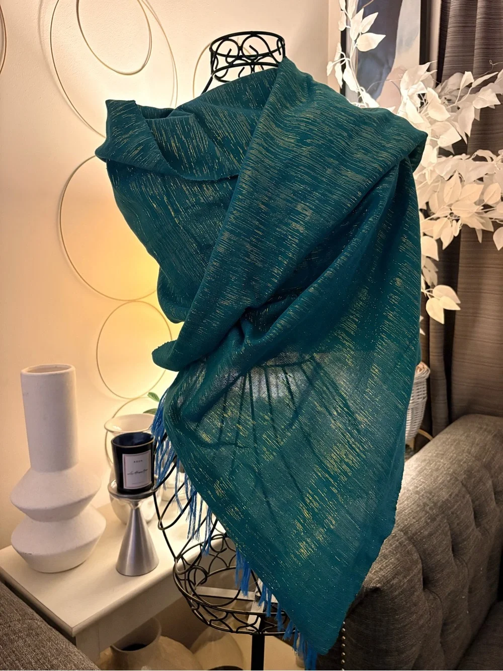 Textured Teal Woven Gold Metallic Thread Blue Fringe Wrap Scarf 21”x 65”